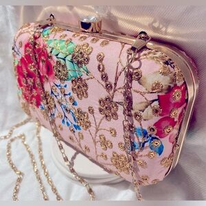 Floral clutch, minaudiere, pink with gold embroidery & sequins, crossbody.